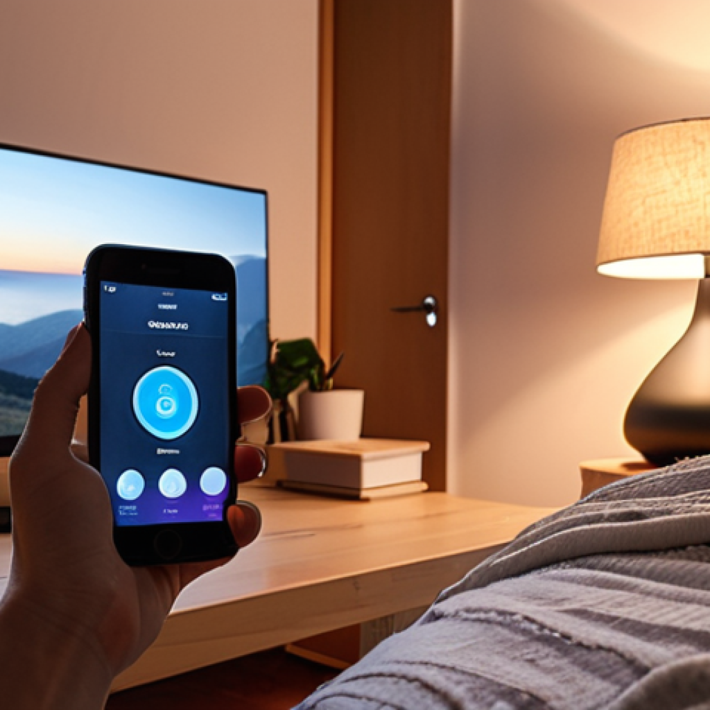 **Image Prompt:** A person meditating peacefully in a cozy, modern Scandinavian-style bedroom. Soft morning light streams in. In the foreground, a smartphone displays a calm meditation app interface (e.g., Headspace or Calm) with a timer. In the background, a smart lamp gently simulates the sunrise. The overall mood is serene and focused on well-being.