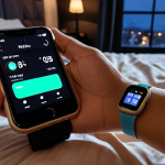 A person wearing a smartwatch monitors their sleep data displayed on their phone, with a focus on visualizing the impact of lifestyle choices (like late-night coffee) on sleep quality. The background shows a cozy, modern Swedish bedroom.
