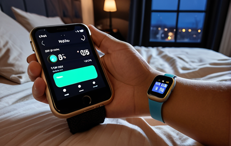 A person wearing a smartwatch monitors their sleep data displayed on their phone, with a focus on visualizing the impact of lifestyle choices (like late-night coffee) on sleep quality. The background shows a cozy, modern Swedish bedroom.