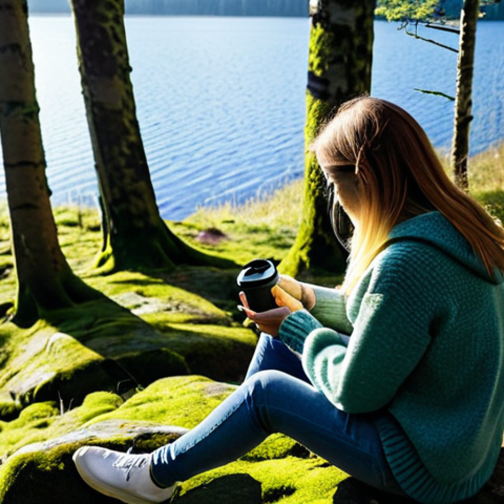 "Digital Detox in Nature"**

"A woman wearing a cozy, fully clothed sweater and jeans sits on a mossy rock in a serene Swedish forest, overlooking a calm lake. She is holding a cup of coffee, but her phone is placed face down beside her. Sunlight filters through the trees. Appropriate attire, safe for work, peaceful atmosphere, perfect anatomy, natural proportions, professional photography, high quality, family-friendly."

**