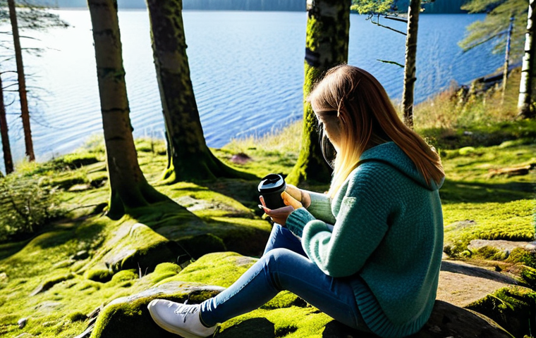 "Digital Detox in Nature"**

"A woman wearing a cozy, fully clothed sweater and jeans sits on a mossy rock in a serene Swedish forest, overlooking a calm lake. She is holding a cup of coffee, but her phone is placed face down beside her. Sunlight filters through the trees. Appropriate attire, safe for work, peaceful atmosphere, perfect anatomy, natural proportions, professional photography, high quality, family-friendly."

**