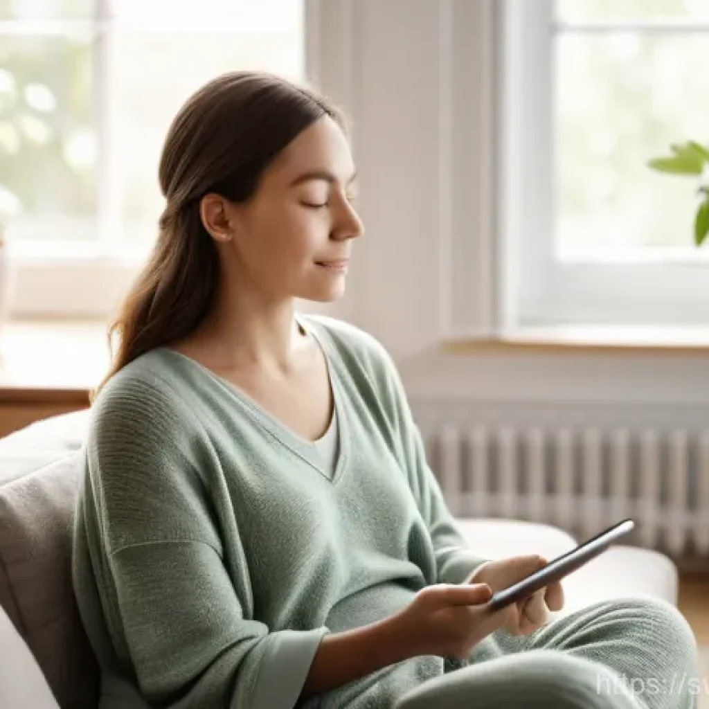 마인드풀테크의 성과 측정 방법 - **Prompt:** A young adult woman (20s-30s, dressed in comfortable, modest lounge wear) is seated peac...