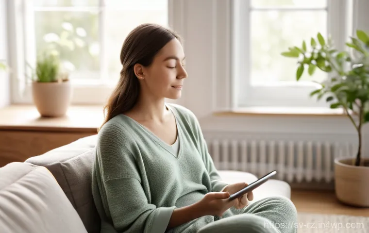 마인드풀테크의 성과 측정 방법 - **Prompt:** A young adult woman (20s-30s, dressed in comfortable, modest lounge wear) is seated peac...