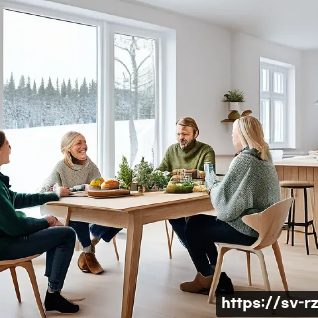마인드풀테크의 철학적 기초 - A cozy Scandinavian living room scene featuring a family gathered around a dining table during a tec...