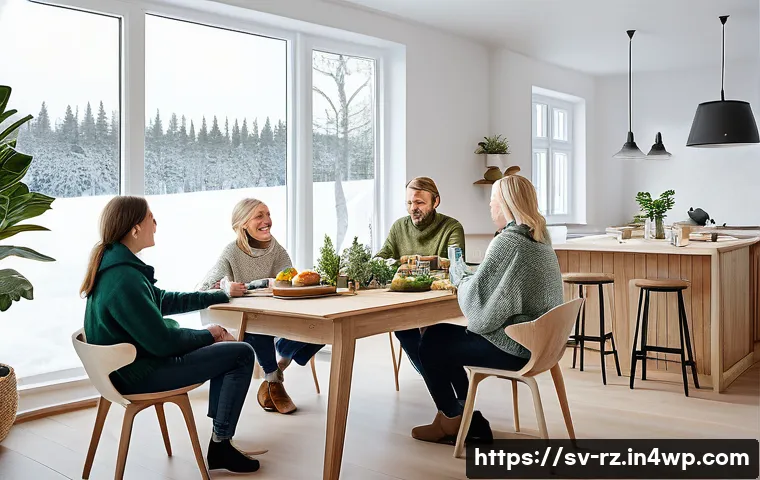 마인드풀테크의 철학적 기초 - A cozy Scandinavian living room scene featuring a family gathered around a dining table during a tec...