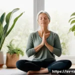 마인드풀테크와 심리적 안정 - A serene image of a middle-aged Swedish woman practicing mindful breathing in a cozy, modern Scandin...