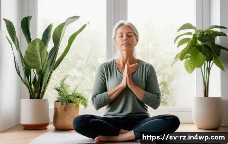 마인드풀테크와 심리적 안정 - A serene image of a middle-aged Swedish woman practicing mindful breathing in a cozy, modern Scandin...