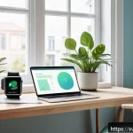 마인드풀테크의 개발과정에서의 도전과제 - A serene, minimalist Scandinavian-style workspace featuring a sleek smartwatch and smartphone displa...