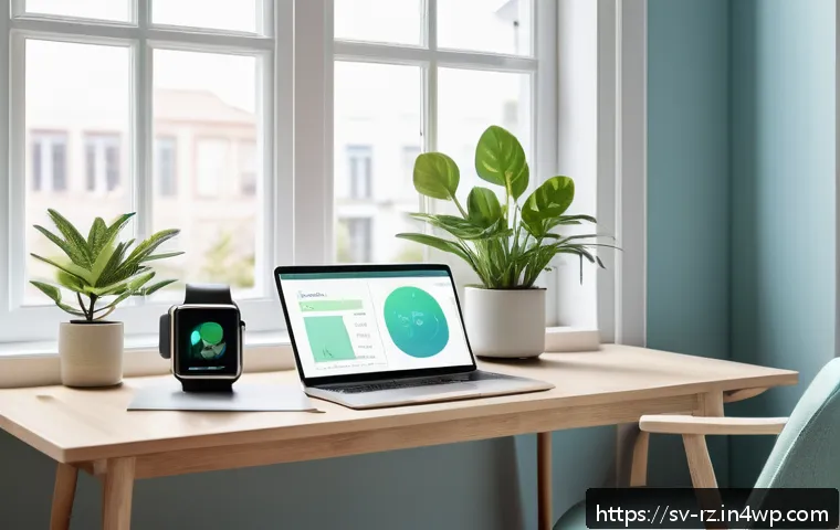 마인드풀테크의 개발과정에서의 도전과제 - A serene, minimalist Scandinavian-style workspace featuring a sleek smartwatch and smartphone displa...