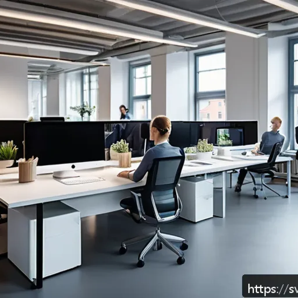 마인드풀테크와 비즈니스 성장 - A modern Swedish office scene showing a diverse team of professionals engaged in a digital work envi...