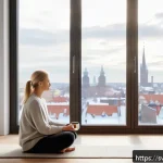마인드풀테크 설계의 기초 - A serene Scandinavian morning scene featuring a woman in comfortable casual clothes performing a sho...