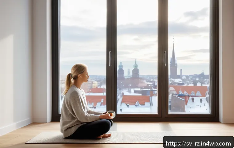 마인드풀테크 설계의 기초 - A serene Scandinavian morning scene featuring a woman in comfortable casual clothes performing a sho...