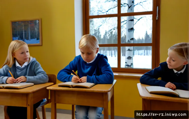 Home 17 마인드풀테크의 교육적 활용 - Photorealistic Swedish primary school classroom in soft Nordic morning light, a teacher guiding a sm...