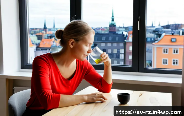 Home 17 마인드풀테크의 글로벌 동향 - Photorealistic Swedish professional in a bright Stockholm apartment, calmly using a minimalist weara...